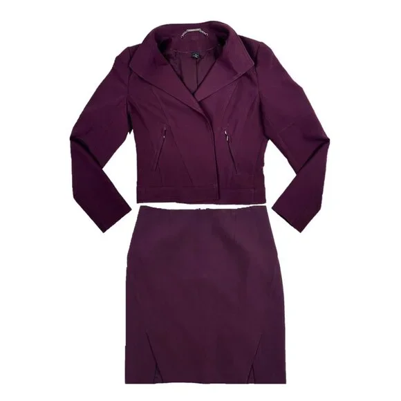 WHBM Stitched Shoulder Open Front Semi-Cropped Moto Blazer Skirt Set Size 10 - Picture 2 of 16